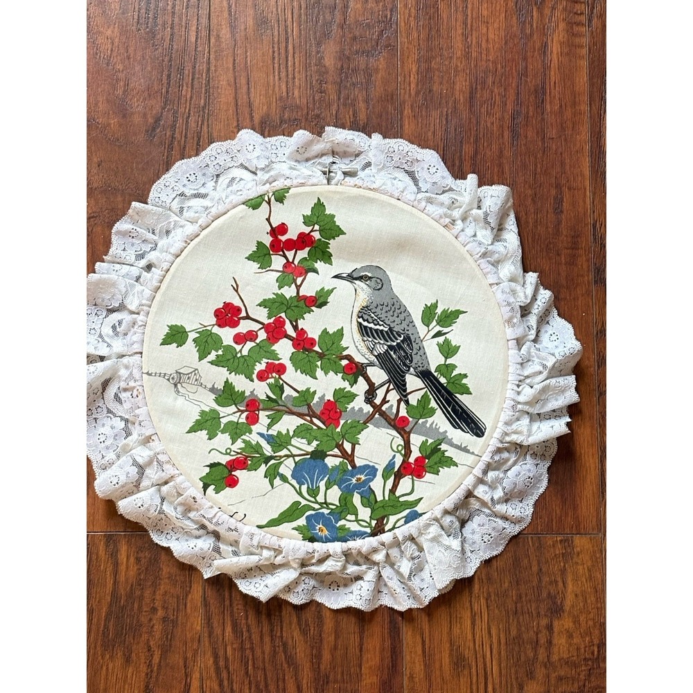 Vtg Northern Mockingbird Bird Fabric Wall Hanging Lace Ruffle Embroidery Hoop